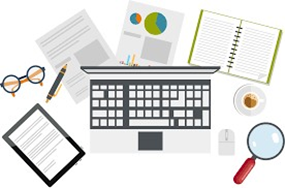 A graphic depicting a laptop, papers, and research tools, representing student work publication.