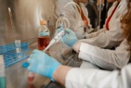 Researchers with gloved hands work with test tubes inside a bio-safety hood.