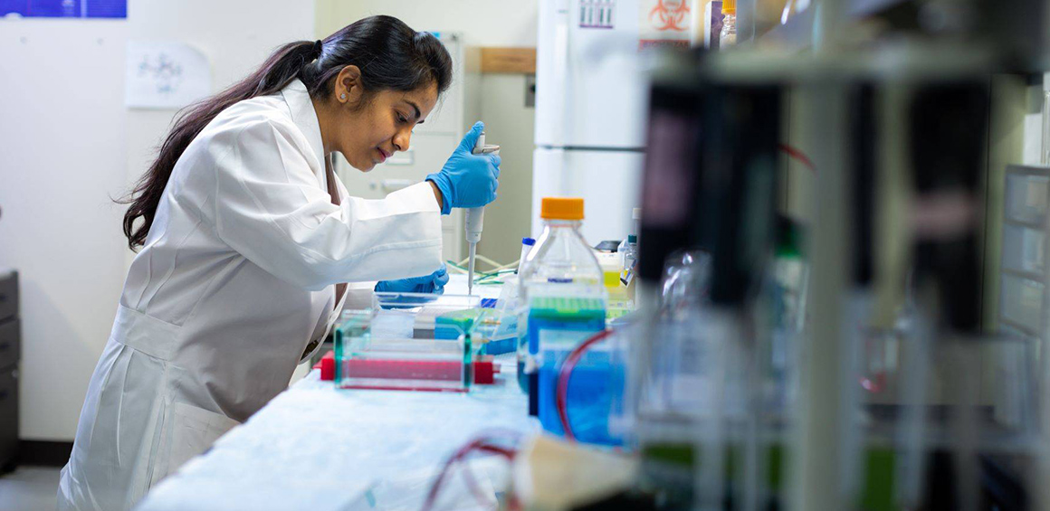TTUHSC Faculty looking into microscope in white labcoat