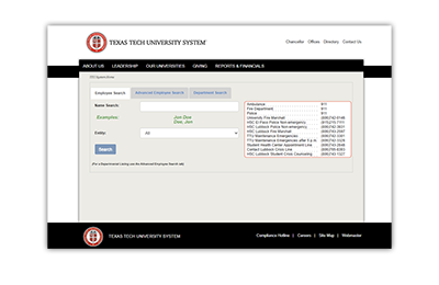 Screenshot of the TTU system directory