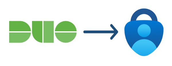 Duo to Authenticator Duo logo with an arrow pointing to the Microsoft Authenticator logo
