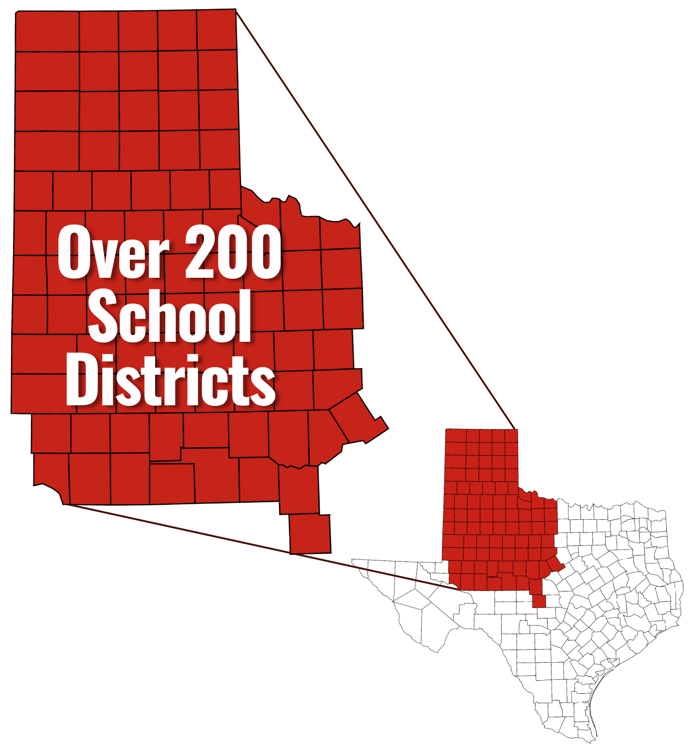 Texas map shaded in top qaudrants of 86 counties with "over 200 school districts" written over the expanded view of shaded regions only Texas map shaded in top qaudrants of 86 counties with "over 200 school districts" written over the expanded view of shaded regions only