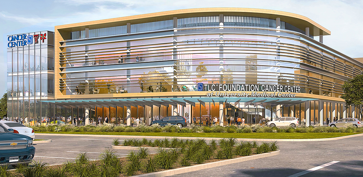 Architectural image of front of UMC Cancer Center building with a parking lot